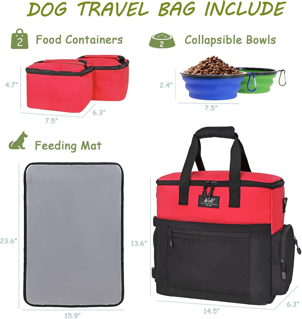 WOLT Dog Travel Bag Dog Bag for Traveling and Supplies with 2 Collapsible Bowls, 2 Food Containers, 1 Place Mat, Red