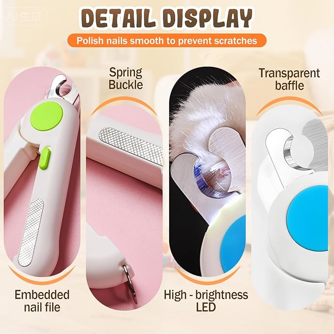 Pets Nail Clippers with Light, Cat Dog Nail Clippers with Built-in Nail File, Sharp Blades, Portable Cat Nail Clipper, Cats Claw Trimmer, Adjustable Claw Clippe for Cats (Style A)