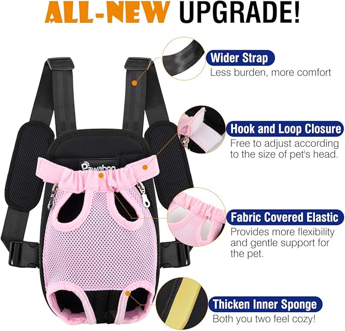 Pawaboo Pet Carrier Backpack, Adjustable Pet Front Cat Dog Carrier Backpack Travel Bag, Legs Out, Easy-Fit for Traveling Hiking Camping for Small Medium Dogs Cats Puppies, Large, Pink