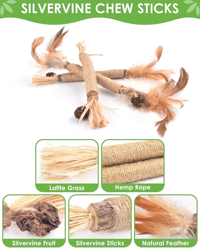 TINDTOP Silvervine Sticks for Cats with Natural Feather, Catnip Chew Toys for Kittens Teeth Cleaning, Increase Appetite, Calm Cat Anxiety and Stress, Cat Dental Toy (3 Pack)