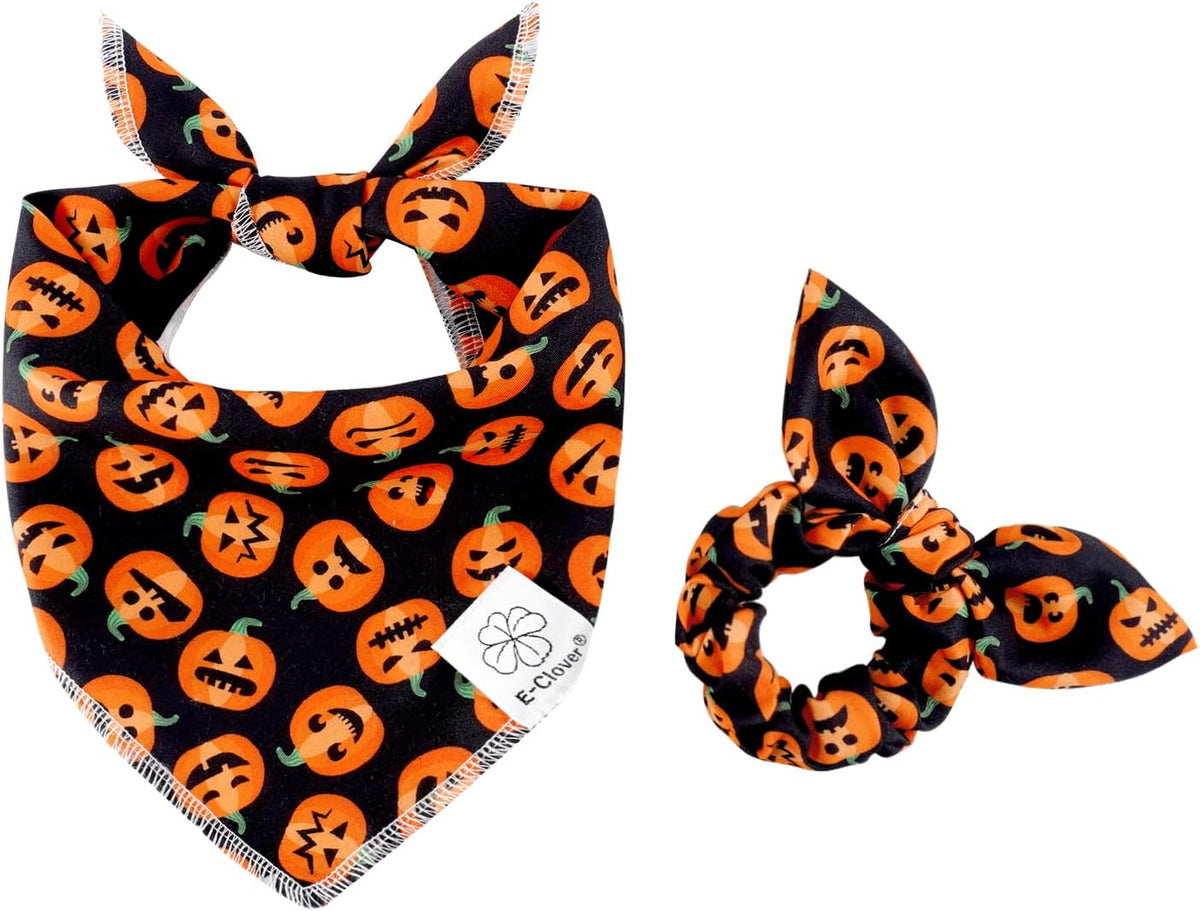 E-Clover Halloween Dog Bandanas & Matching Scrunchie Set Pumpkin Dog Scarf Kerchiefs Pet Outfit for Medium Large Dogs Owner Mom Orange Black Fall