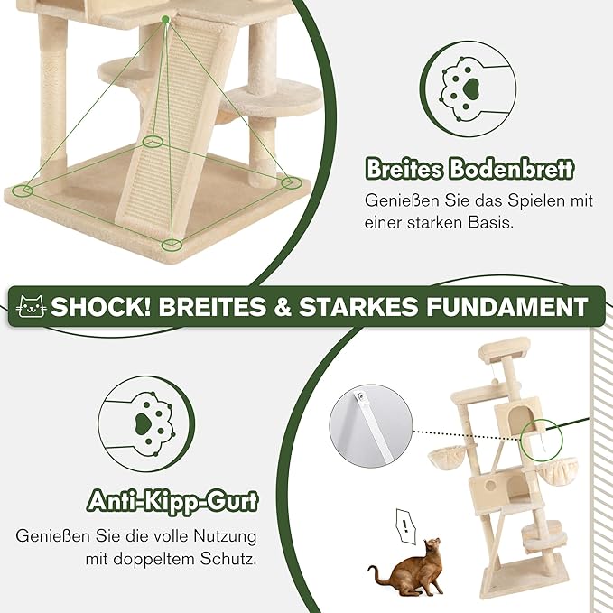 MUTICOR 66 Inches Multi-Level Large Cat Tree Tower for Indoor Big Feline/Cozy Plush Perches/Condo/Sisal Scratching Posts/Hammock and Baskets/Activity Center Play House/Wide Base/Beige