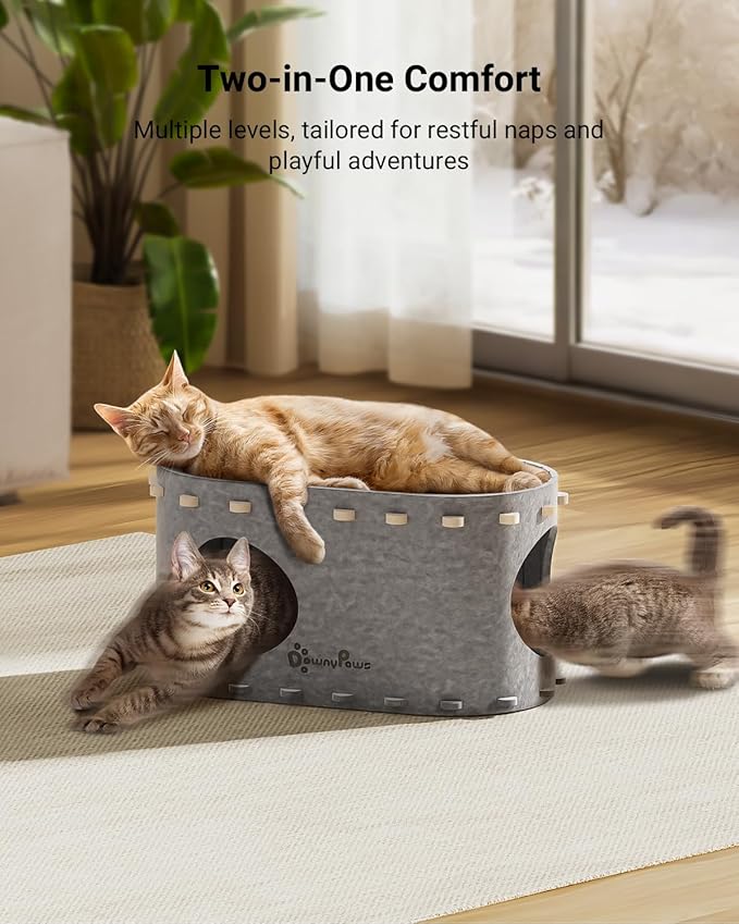 DownyPaws Cat House for Indoor Cats, Cat Bed Cave for Multiple & Large Cats Up to 22 Lbs, Scratch Resistant, Foldable Peekaboo Kitten Caves Tunnel Enclosed Bed, PeekaPurr, Light Gray