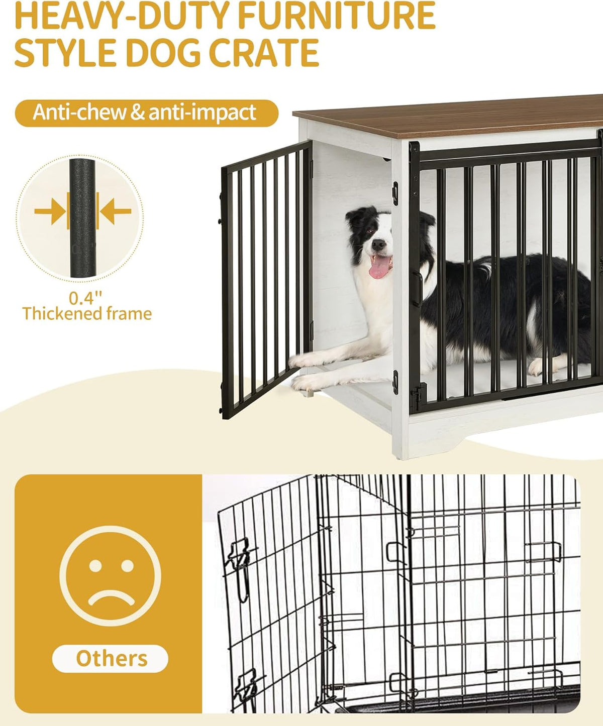 39.4" Heavy Duty Dog Crate Furniture with Barn Door, Wood Indoor Dog Crate Kennel for Small/Medium/Large Dogs, End Side Table, TV Stand, Anti-Chew Anti-Escape, White Brown DFC02314B