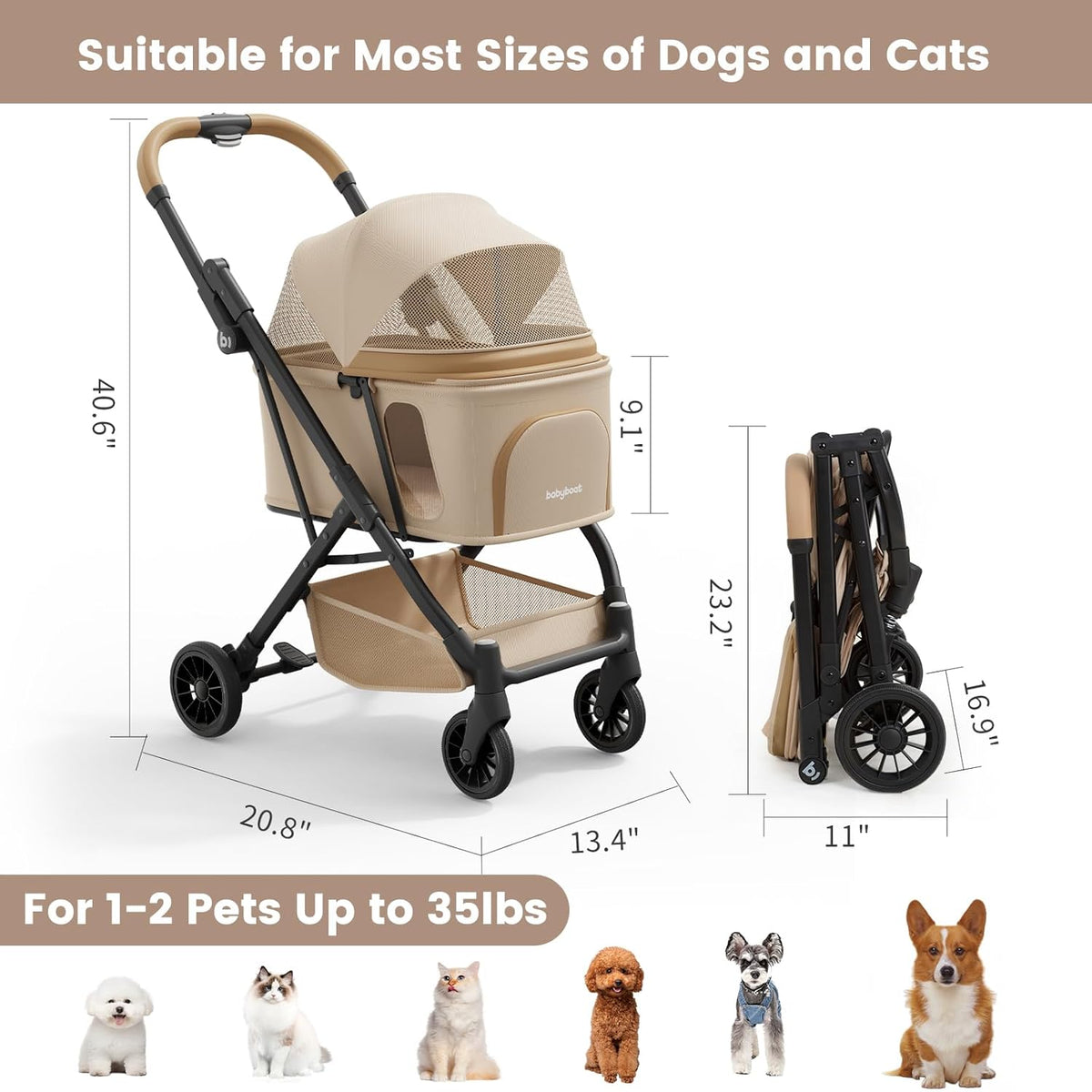 Lightweight Dog Stroller Portable Compact Folded Pet Stroller for Small/Medium Dogs & Cats Up to 35lbs One Click Folding Large Cat Carriage with Adjustable Canopy Storage Basket- Khaki