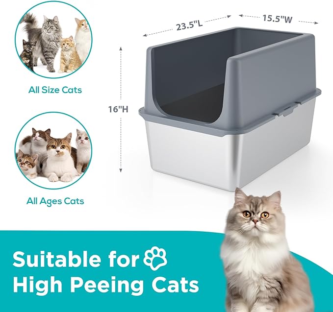 LIHONG Stainless Steel Litter Box with Lid, XL Metal Cat Box for Indoor Cats, Enclosure Cat Litter Pan for Large Cats, Non-Sticky Large Kitty Litter Box, Anti-Leakage, 23.5" X 15.5" X 16"