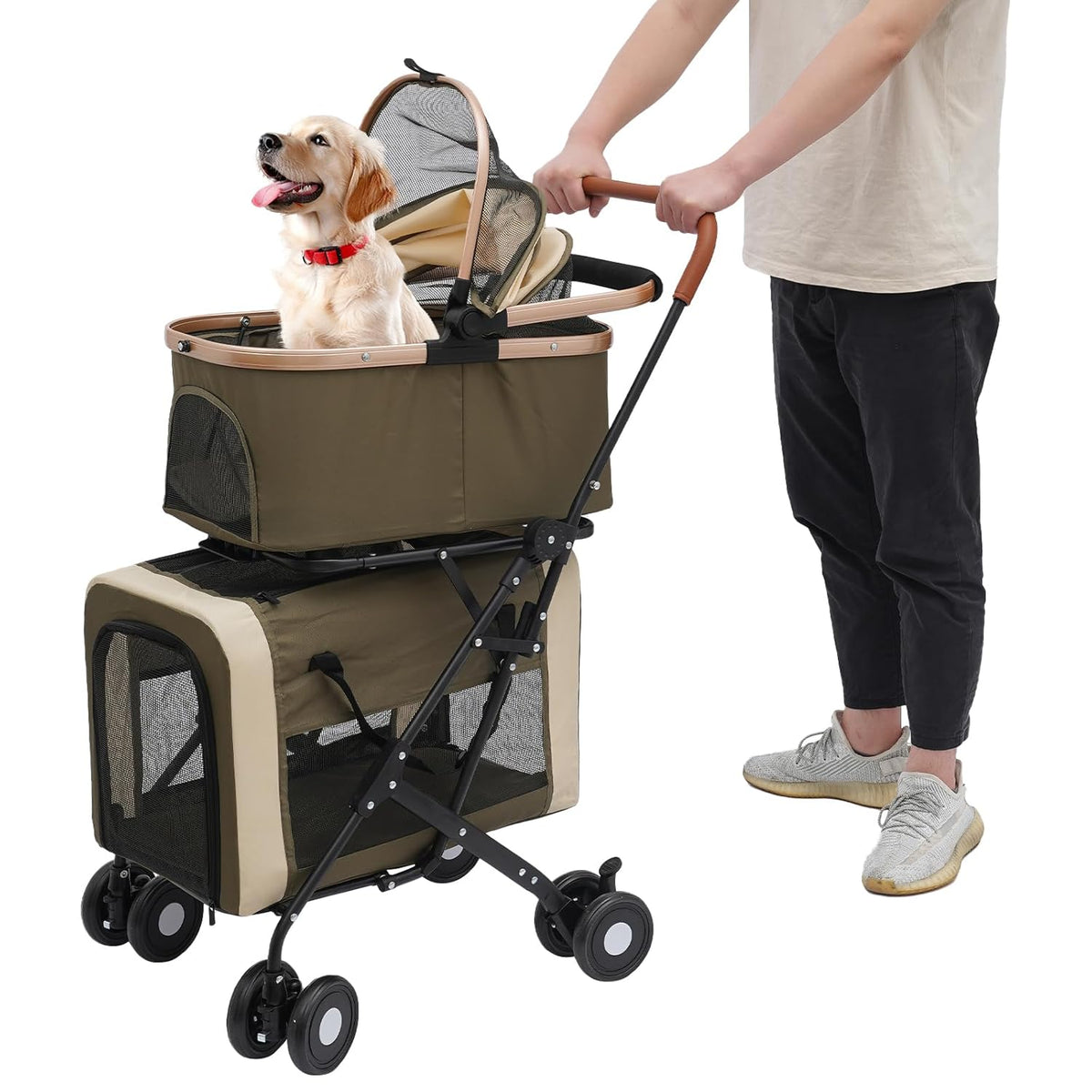 Foldable Pet Stroller for Small & Medium Dogs, Double Dog & Cat Stroller with 3-in-1 Travel System, Detachable Pet Carrier with Wheels for Cats and Dogs up to 77 lbs, Dark Green