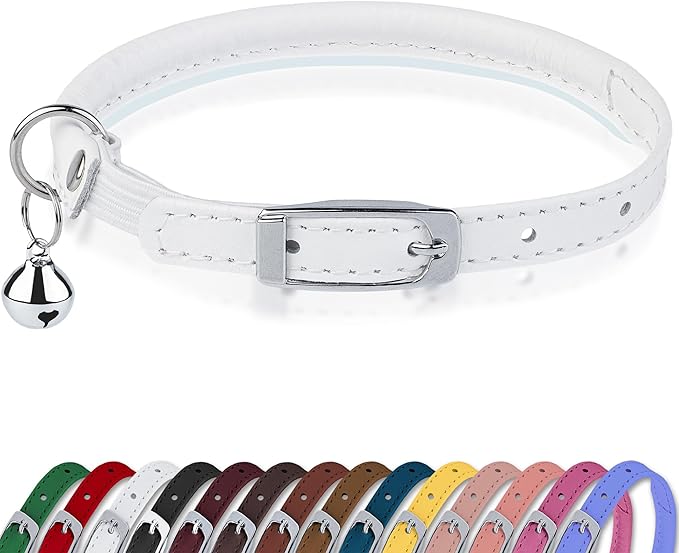 OOPSDOGGY Rolled Leather Cat Collar with Bell, Reflective Kitten Collars with Buckle Include Safety Elastic Strap - Adjustable Small Pet Collars for Boy Girl Cats (White)