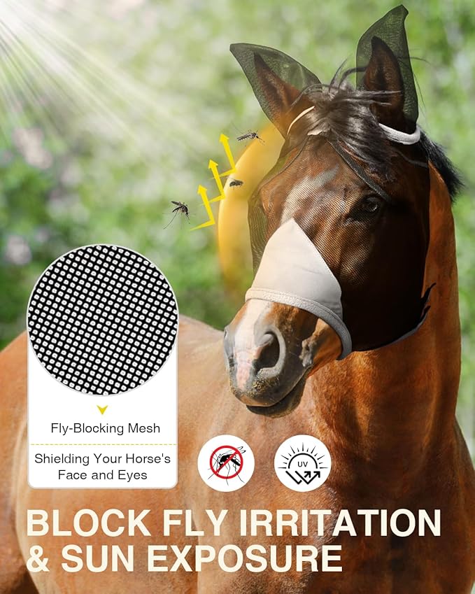 Hilltown Adjustable Fly Mask for Horse with Ears - UV-Block, Large Eye Space, Breathable, Built to Last, Comfort Fit - Horse Fly Mask for Daily Stable, Hot Weather Riding & Competition - Full, Grey