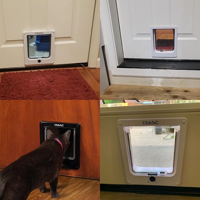 CEESC Medium Cat Door for Interior/Exterior Door, Weatherproof, White, Rotary 4 Way Locking Pet Door for Cats & Dogs with Circumference < 15.75", Upgraded Version