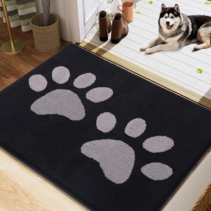 Buganda Dog Door Mat for Muddy Paws, Absorbent Dirt Trapper Washable Indoor Doormats, Non Slip Low-Profile Mud Mat for Dogs, Front Entrance Doormat for Inside Floor (40x32 Inches, Black and Grey)