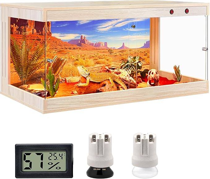 Royxen Tempered Glass Reptile Enclosure,Reptile Tank with Wooden Mesh Top and Lockable Design,32 Gallon Bearded Dragon Tank for Lizard Gecko Tortoise Snake Habitat,32" x 16" x 16",Oak