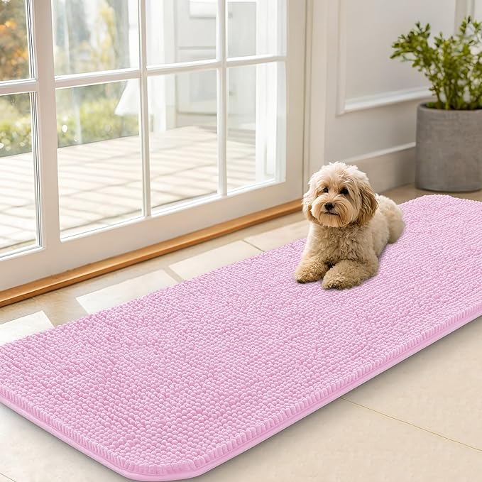 OLANLY Dog Door Mat for Muddy Paws 59x20, Absorbs Moisture and Dirt, Absorbent Non-Slip Washable Doormat, Quick Dry Chenille Mud Mat for Dogs, Entry Indoor Entryway Carpet for Inside Floor, Pink
