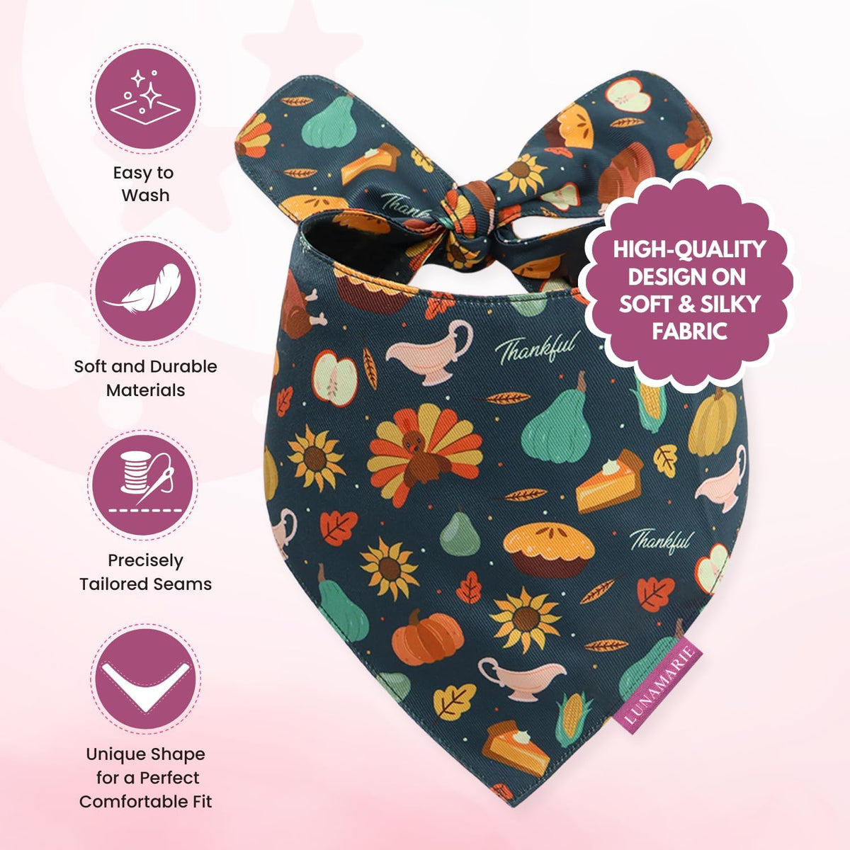 LunaMarie - Luxury Pet Birthday Bandanas -Premium & Silky Poly Fabric | 100% Handmade | Custom Shape Dual Layered (Thanksgiving, X-Small)