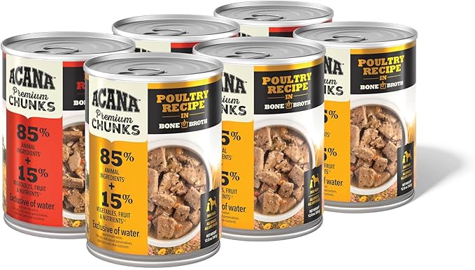 ACANA Premium Chunks in Bone Broth Grain-Free Wet Dog Food Variety Pack: Beef + Poultry Recipes 12.8oz Cans (6 Count, 3 of Each)