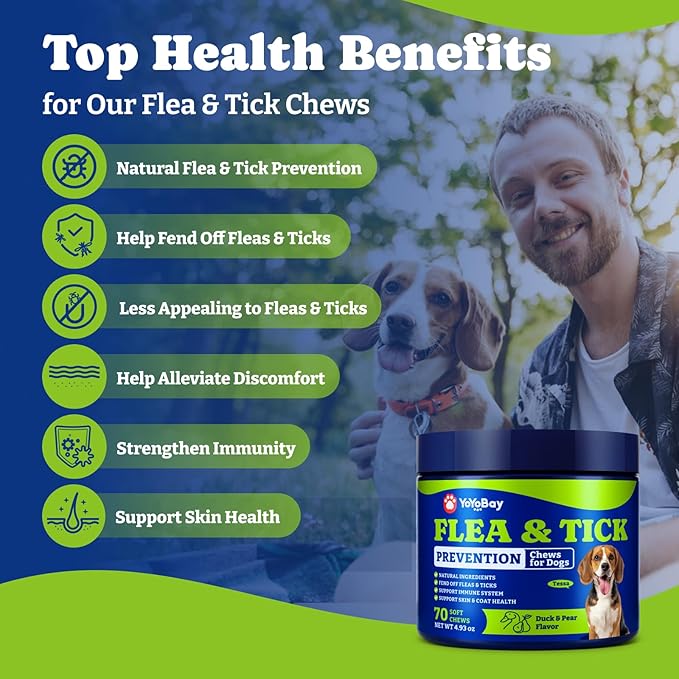 Flea and Tick Prevention for Dogs Chewable - 70 Soft Chews, Duck & Pear Flavor - Dog Flea and Tick Treatment Chewable, Natural Defense- Dog Immune Support Supplement