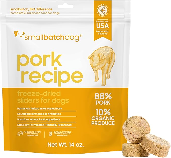 smallbatch Pets Freeze Dried Raw Dog Food, Pork Recipe, 14 oz, Organic High Protein Dog Food, Grain Free, Made in The USA, Humanely Raised Meat, Single Protein, for Picky Eaters, Hydrate & Serve
