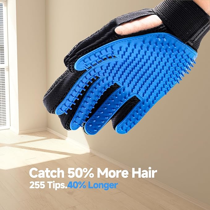 4 Pack Pet Grooming Kit - Deshedding Rake, Fine Tooth Comb, Grooming Gloves & Bath Brush for Dogs,Cats and Horses - Skin Friendly Deshedding Grooming Tool (Blue)