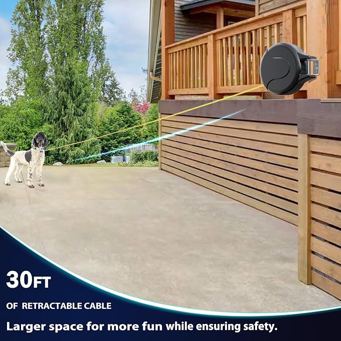 30ft Wall Mount Retractable Dog Tie Out Cable for Small to Large Dogs Between 20-75 lbs, Patented Retractable Dog Lead Great for Yard/Garden - Durable for 70,000 Cycles (Black, 30ft)