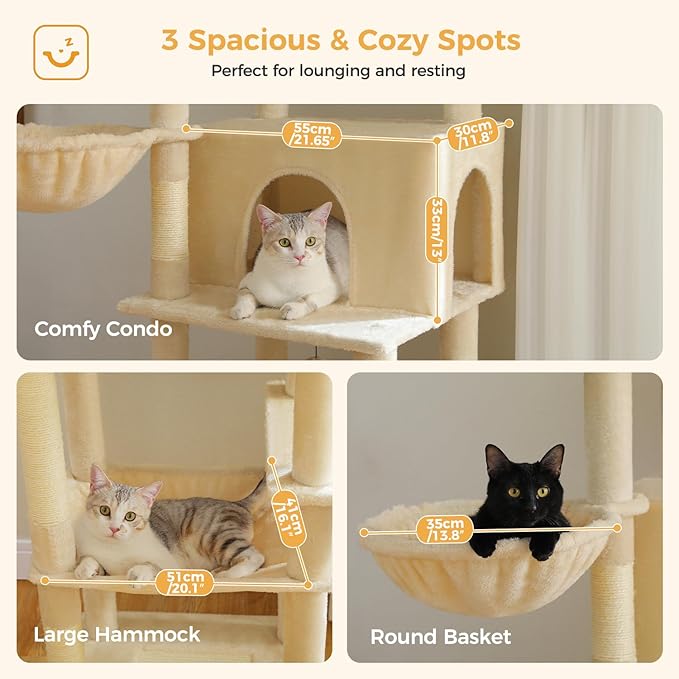 PAWZ Road Large Cat Tree, 73 Inches Tall Cat Tower with 1 Large Padded Perch,2 Spacious Hammocks,8 Long Scratching Posts, XL Plush Cat Condo for Indoor Adult Cats,Beige
