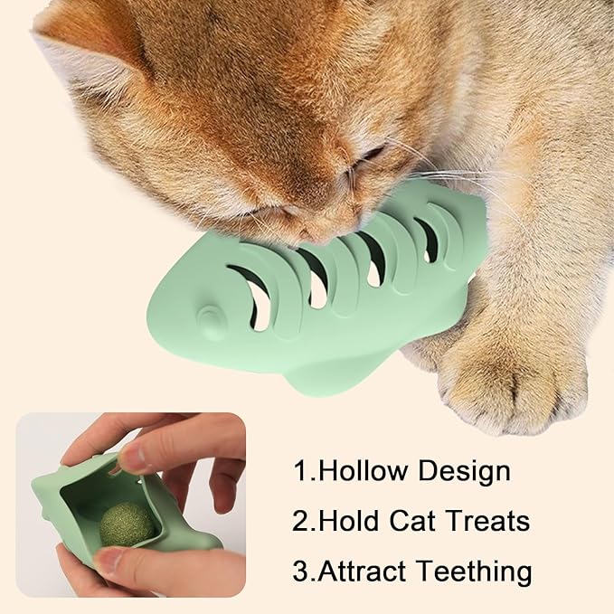 Cat Toys for Indoor Cats, Fish Shaped Chew Catnip Toys for Teeth Cleaning, Food Grade Silicone Cat Enrichment Toy, Interactive Kitten Teething Toys with 1 Cat Nip Ball, 2 Pcs
