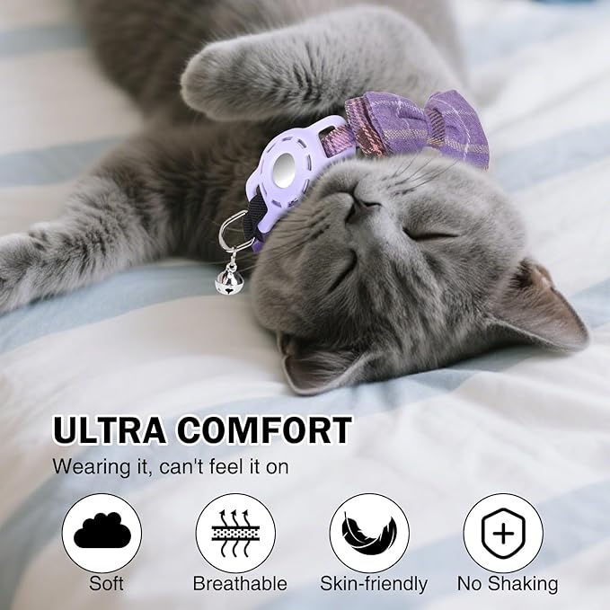 Airtag Cat Collar with Bells and Bowtie -Safety Elastic Band Kitten Collar for Apple Air Tag Holder- Cute GPS Cat Tracker Collars for Girl Boy Cats and Puppies, Adjustable 8"-12" Purple