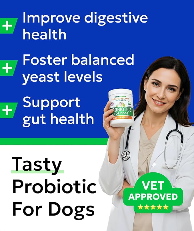 BARK&SPARK Dog Probiotics for Digestive Health w/Enzymes - Diarrhea Gas Treatment Upset Stomach Relief - Allergy & Itchy Skin - Pet Probiotics for Dogs - Digestion Supplement Treat (120Ct Chicken)
