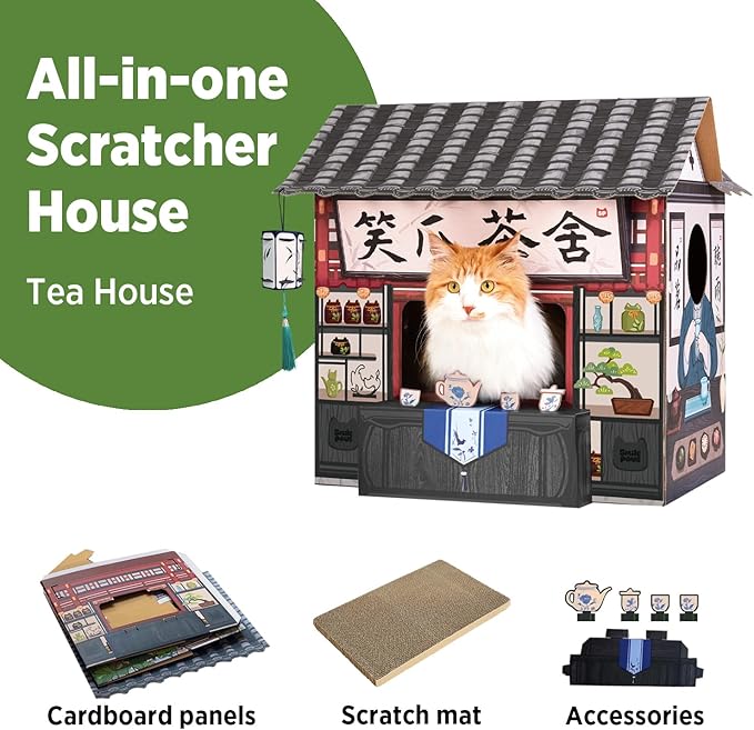 Cat Beds for Indoor Cats, Cardboard House with Scratchers, Tea House, Large Sturdy Cat Furniture Condo Cave Tent, Easy to Assemble Pet Toys Accessories Stuffs, Bunny Small Animals
