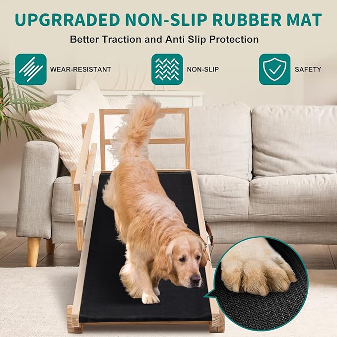 Dog Ramp for Bed, Adjustable Pet Ramps for Dog to Get on Bed, Non-Slip Rubber Surface - Folding Wooden Dog Ramp for Small/Large/Old Dogs, Adjustable up to 31 inch High Beds, Safety Railings