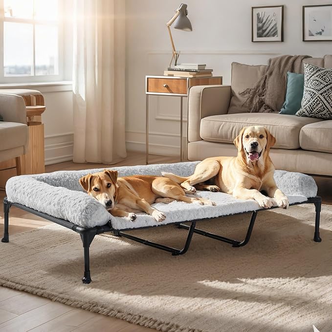 Veehoo Cooling Elevated Dog Bed Add Removable Deluxe Rose Plush Bolster Cushion Mat, 59" x 37" Washable Dog Couch Bed, Raised Pet Cot with Breathable Teslin Mesh, No-Slip Feet, Grey, CWC2439B