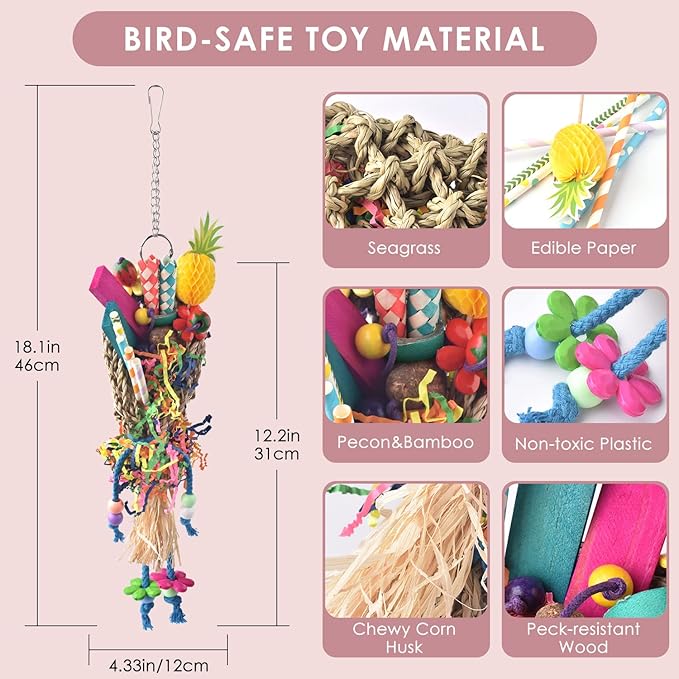 KATUMO Bird Toys, Seagrass Basket Toy with Array of Chewable Parrot Foraging for Small Medium Parrot Birds