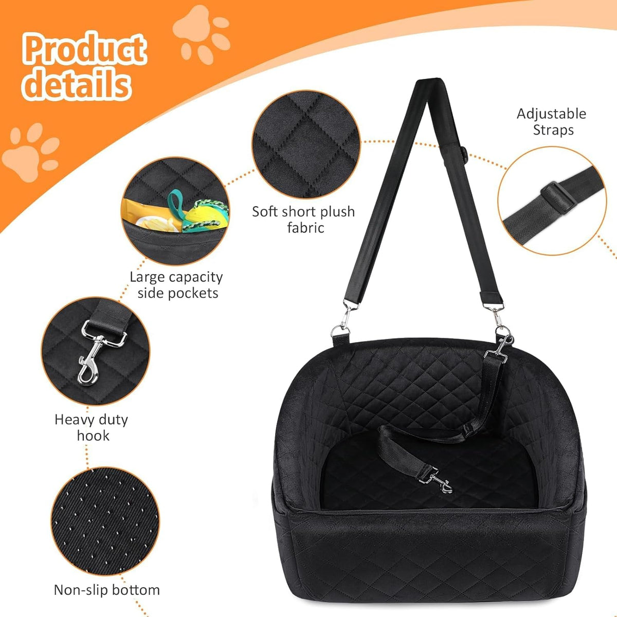 Dog Car Seat for Small Medium Dogs,Detachable Washable Dog Booster Seat Under 30lbs, Pet Car Seat Travel Bed with Storage Pockets and Dog Safety Belt (Black)