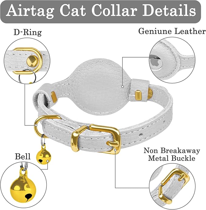 OOPSDOGGY Leather AirTag Cat Collar with Bell - Non Breakaway Kitten Collar with Apple Air Tag Holder - Lightweight GPS Pet Collars for Girl Boy Cats, Small Dogs, Puppies (White)