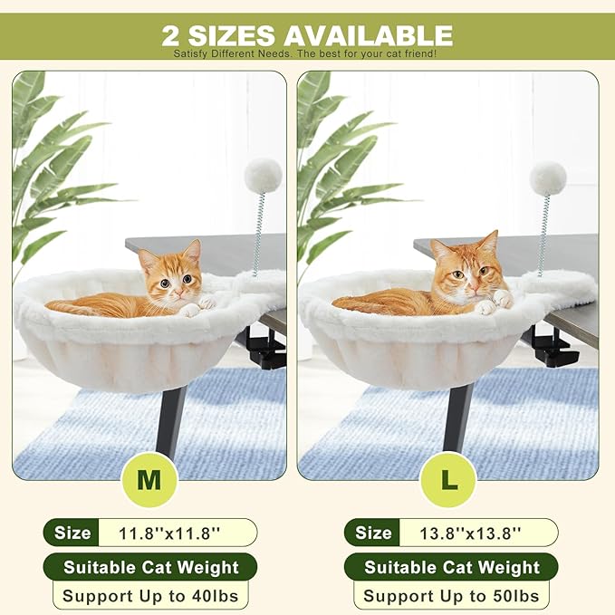 PAWZ Road Cat Bed for Desk with Interactive Plush Ball, 12 Inches in Diameter,Space-Saving Cat Desk Bed, White Cats Hammock for Table Supports Up to 40lbs, Medium
