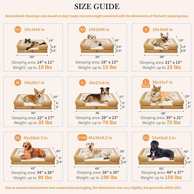 Comfort Expression Orthopedic Dog Bed for Extra Large Dogs 42x30 Inch, Waterproof Supportive Egg Crate Foam XL Pet Bed with Removable Bolsters, Dog Couch with Washable Cover & Non-Slip Bottom, Caramel