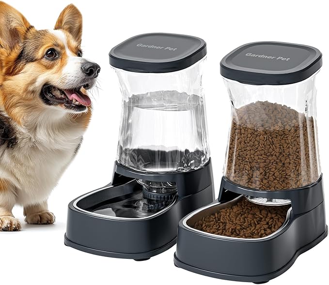 Gardner Pet Automatic Dog Water Dispenser Gravity Stainless Steel Waterer & Food Feeder Set, 100% BPA Free Large Capacity Feeding Bowls for Medium & Large-Sized Dogs Cats Other Pets -(1 Gallon x2)