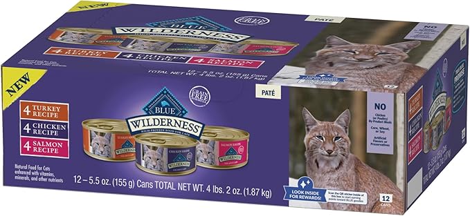Blue Buffalo Wilderness High Protein, Natural Adult Pate Wet Cat Food Variety Pack, Chicken, Salmon, Turkey 5.5-oz can (12 count - 4 of Each Flavor)