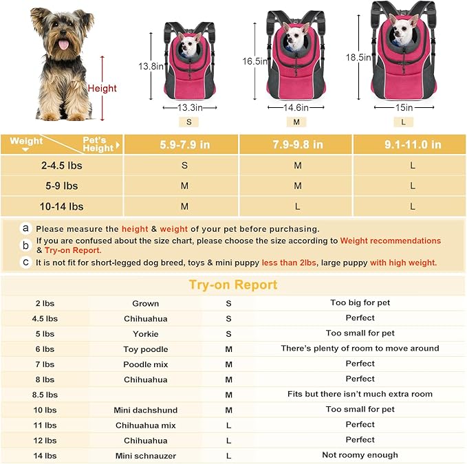 WOYYHO Pet Dog Carrier Backpack Small Dog Front Backpack Ventilated Dog Carrier Back Pack with Storage Pockets, Adjustable Straps & Safety Belt for Travel Hiking Outdoor (Size M: 5-9 lbs, Rose)