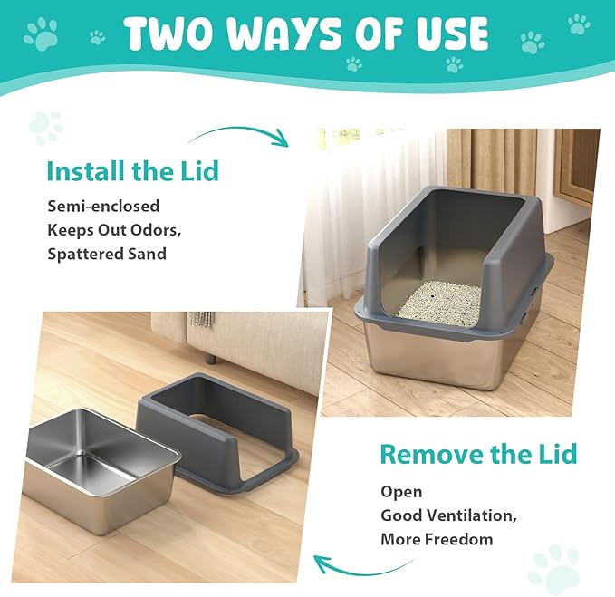 Litter Box with Lid, Stainless Steel Litter Box, 12" Metal Litter Pan High Sides, Small Litter Tray for Kittens, Cat Litter Tray Covered Grey, Easy Clean