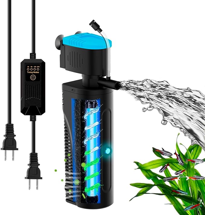 Aquarium Filter with Aeration & Rainfall Mode, U - V Fish Tank Filter with Timer (3/6/12/24 Hours) for Green Water Cleaning, Turtle Tank Filter with Efficient Filter Sponge (30-70Gal)