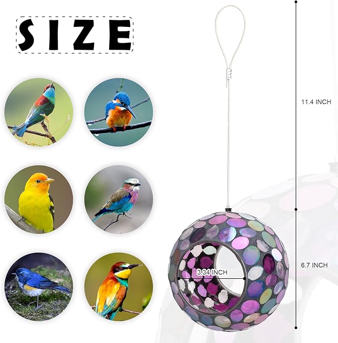 VCUTEKA Mosaic Bird Feeder, Round Glass Container Hanging Bird Feeders for Gardens, Yards, Decks to Attract Wild Birds, 7-Inch Purple