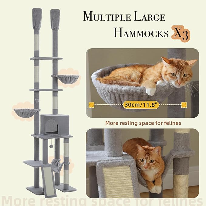 PAWZ Road Tall Cat Tree, Floor to Ceiling Cat Tower with Adjustable Height(85-112 Inches), 7 Tiers Climbing Tower with Cozy Hammocks, 5 Platforms and Scratching Posts for Indoor Cats-Gray