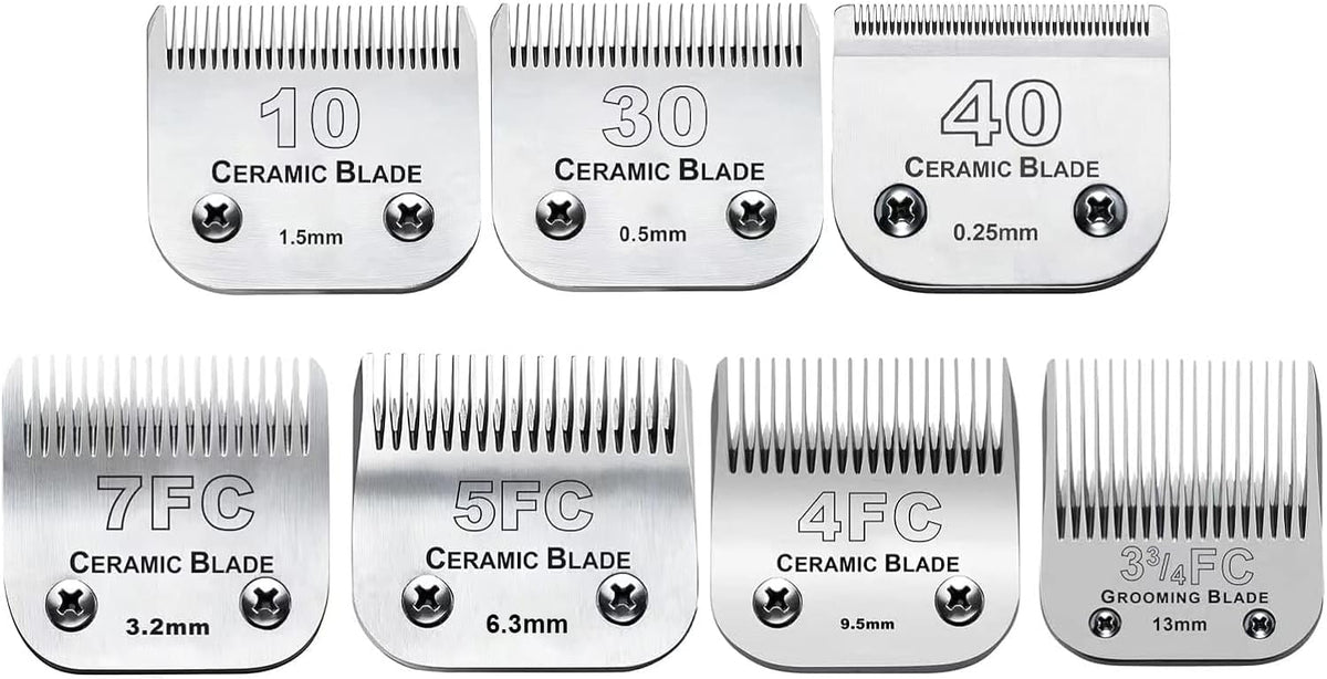 7pcs Dog Grooming Blades Compatible with Andis/Wahl/Oster Dog Clippers,Detachable Ceramic Blade & Stainless Steel Blade,Size:#3FC+4FC+5FC+7FC+10+30+40