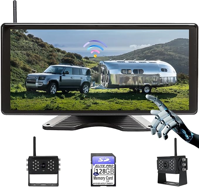 Wireless Touchable Screen 128GB Large Audio 1080P 2 Split Image 11 Inch Monitor Backup Camera Built-in DVR Video for RV Truck Trailer Skid Steer Rear Front Reversing DW102