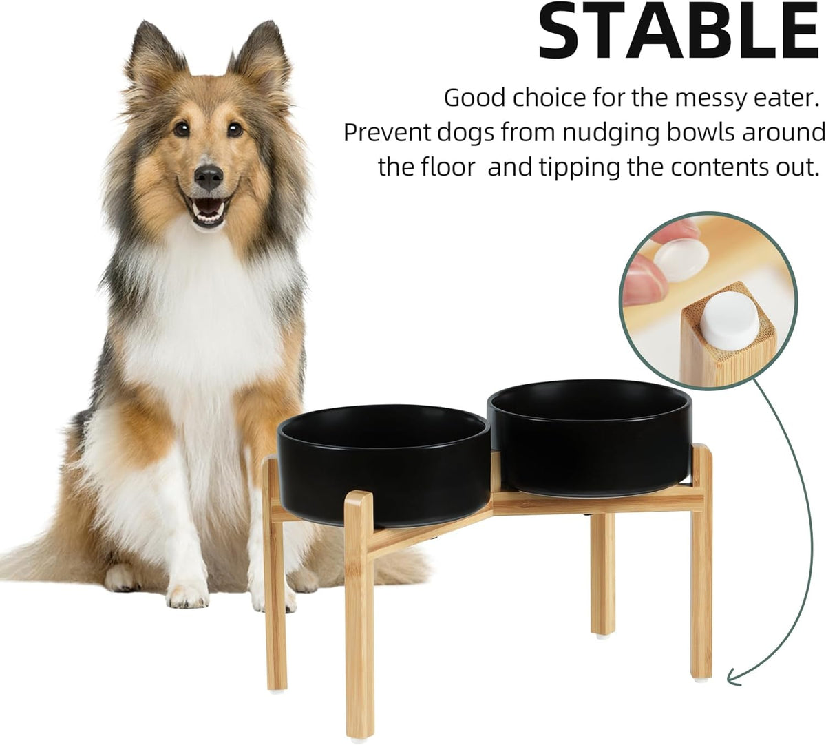 Ceramic Raised Double Bowls Set with Stand, Food & Water Bowls for Large Breed Dogs, Weighted Dog Dishes, Pet Bowl(8.2'',60OZ, Black)