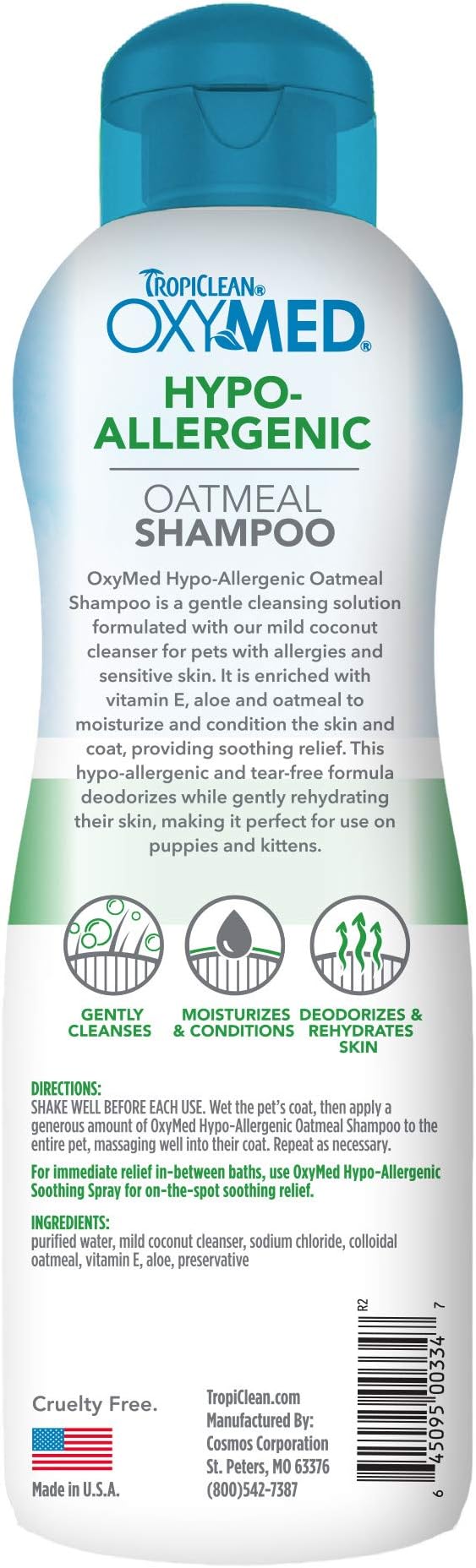 TropiClean OxyMed Hypoallergenic Dog Shampoo for Allergies and Itching, Skin Soothing Shampoo for Pets with Sensitive Skin, Tearless, Cat Safe, 20oz.