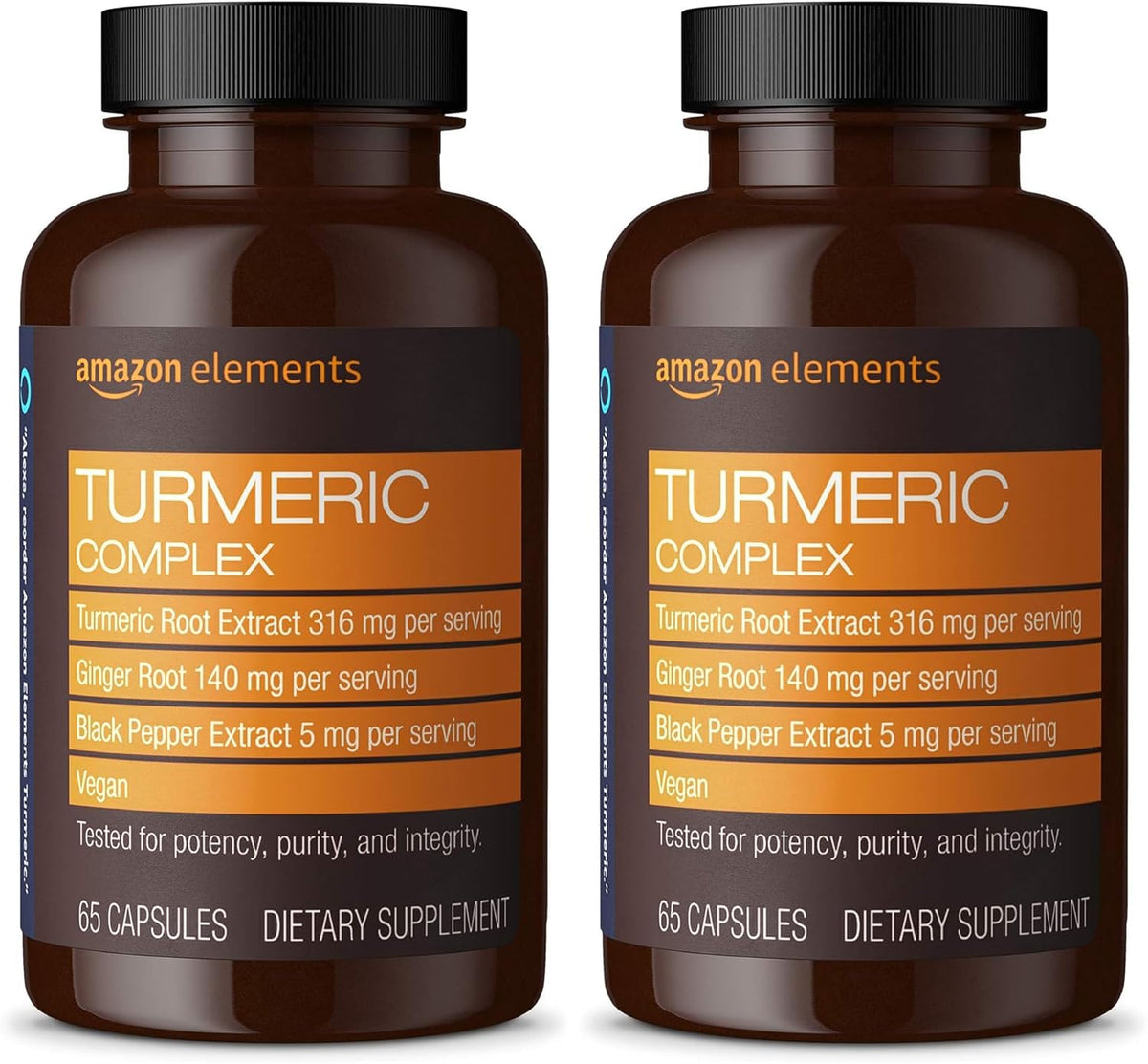 Amazon Elements Turmeric Complex, 316 mg Curcumin, 140 mg Ginger, 5 mg Black Pepper - Joint & Immune System, Healthy Inflammation Response - 65 Capsules (2 Month Supply) (Pack of 2)