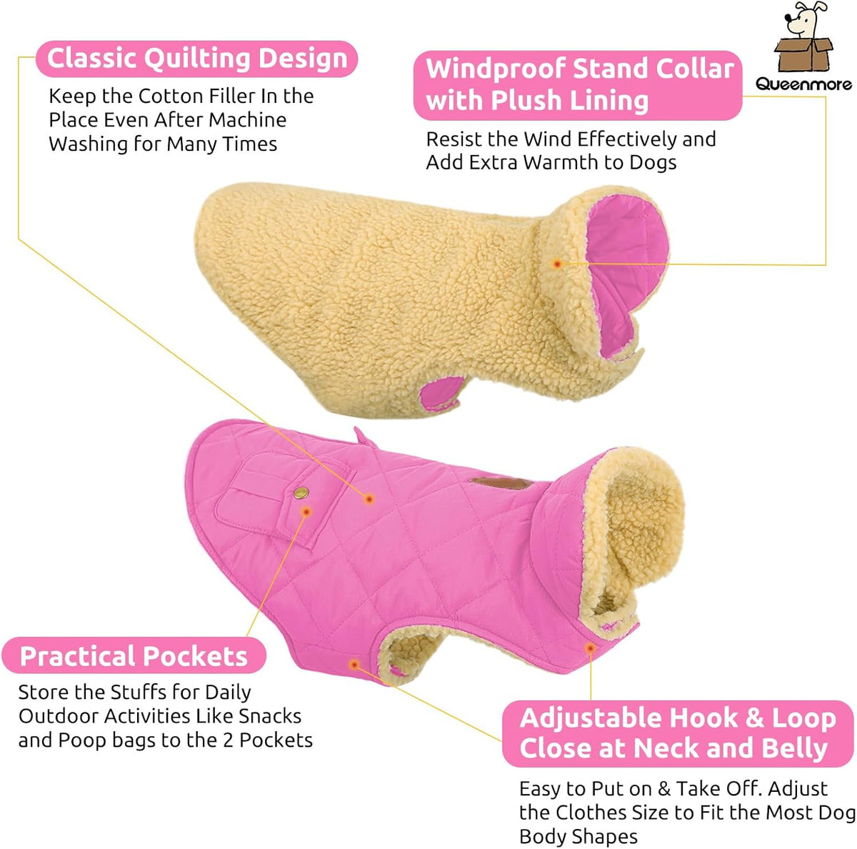 Queenmore Dog Winter Coat - Fleece Jacket, Waterproof Cold Weather Clothes, Thick Warm Cotton Padding, Easy On Storage Pockets (Pink, Large)