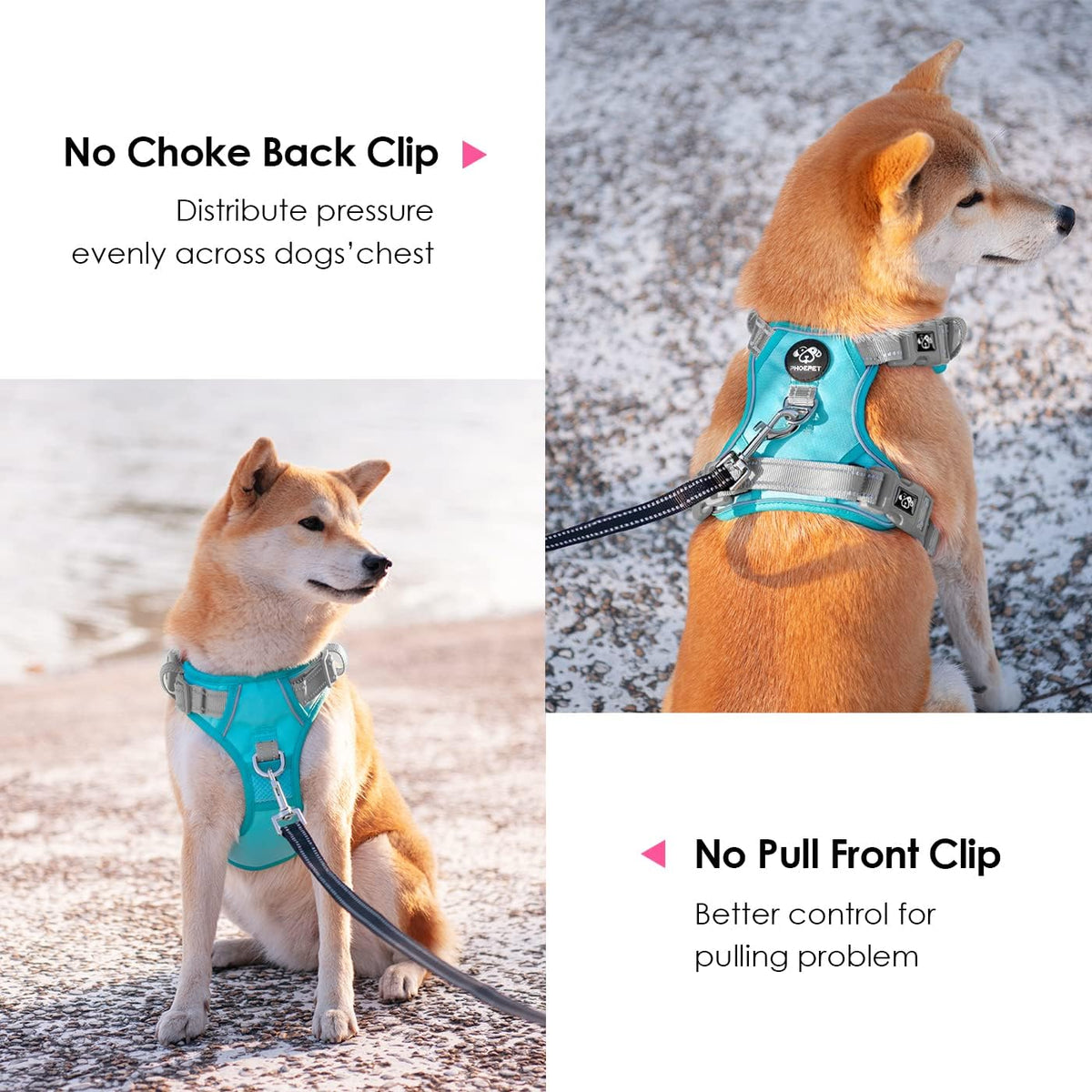 PHOEPET No Pull Dog Harness, Unique Colors Reflective Adjustable Dog Vest, with Soft Training Handle Metal Clips for Small Medium Large Dogs (Mint Green Base & Grey Straps,XL)