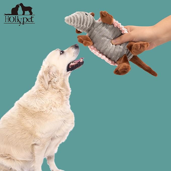 Hollypet Plush Dog Squeaky Toy Stuffed Armadillo Animal Pet Puppy Chew Toys with Clean Teeth for Small Medium Large All Breed Sizes Dogs, Light Pink, 8 in